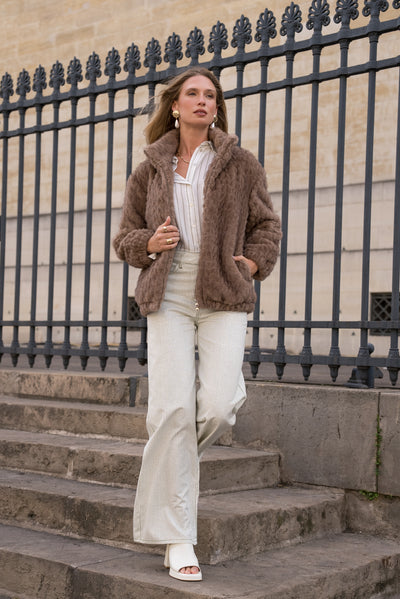 veste femme fausse fourrure chic #couleur_camel